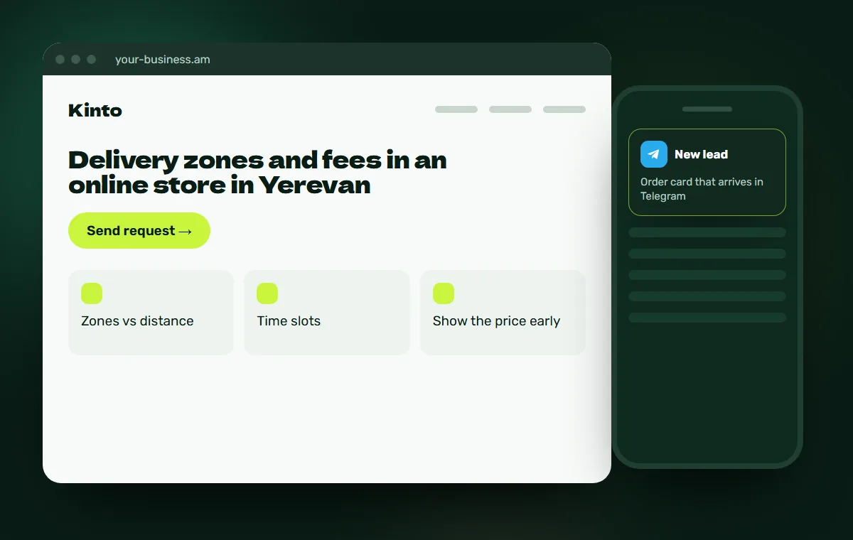 Website mockup: Order card that arrives in Telegram