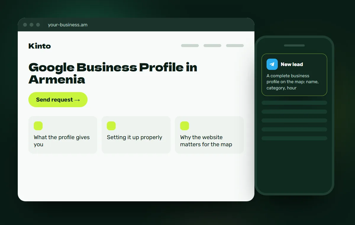 Website mockup: A complete business profile on the map: name, category, hours, website button