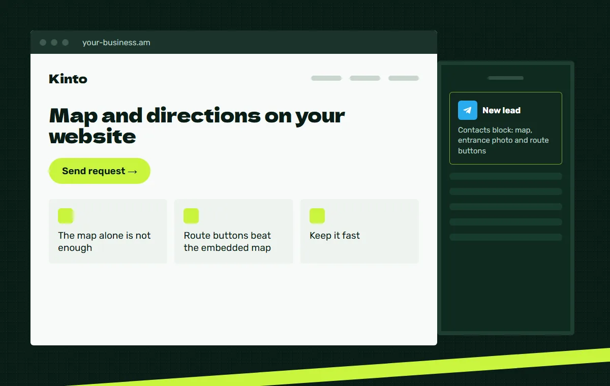 Website mockup: Contacts block: map, entrance photo and route buttons