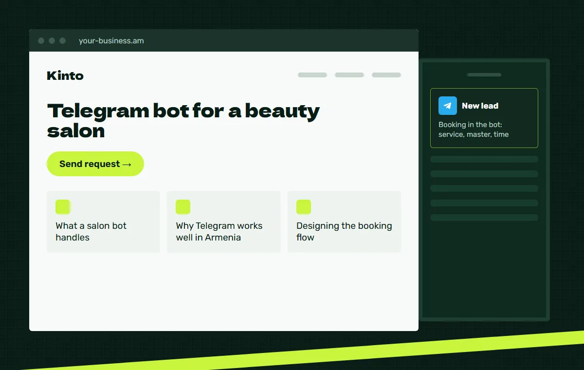Website mockup: Booking in the bot: service, master, time