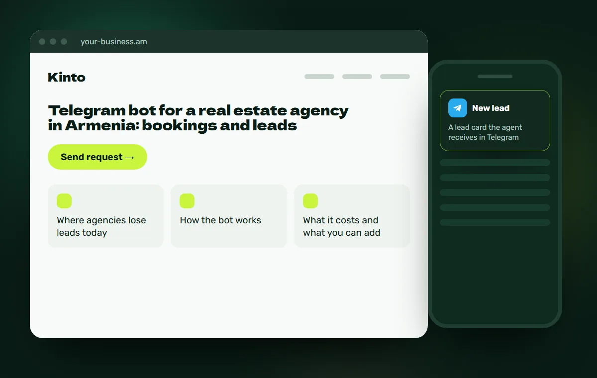 Website mockup: A lead card the agent receives in Telegram