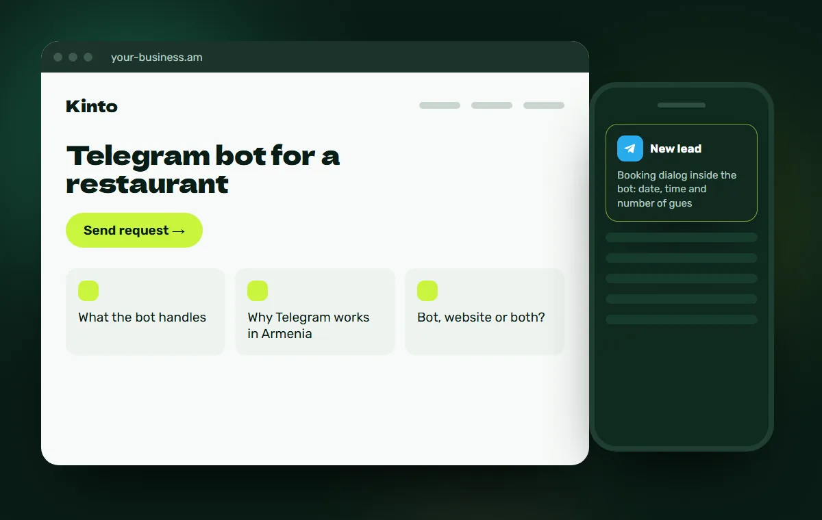 Website mockup: Booking dialog inside the bot: date, time and number of guests in three taps