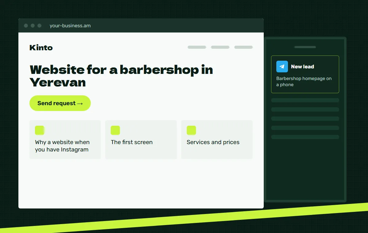 Website mockup: Barbershop homepage on a phone