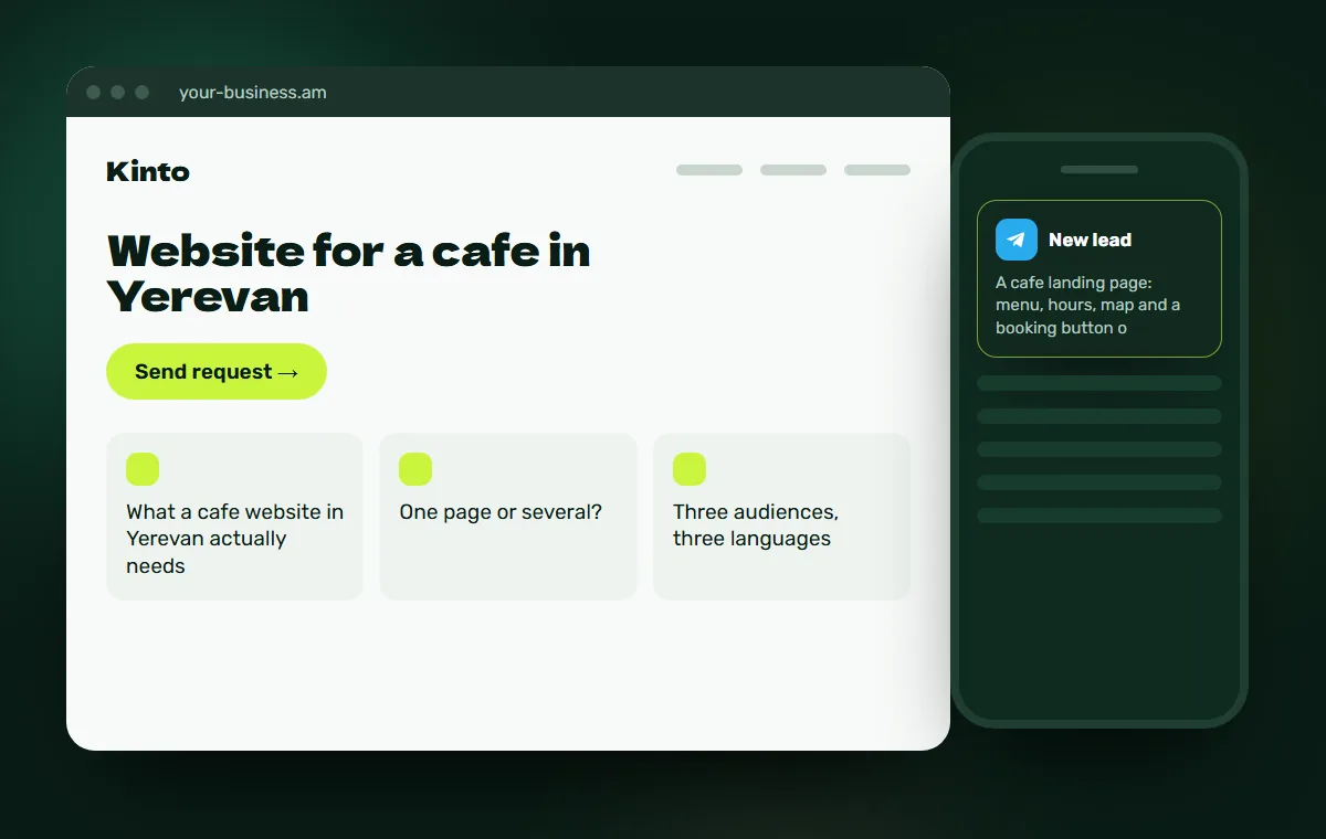 Website mockup: A cafe landing page: menu, hours, map and a booking button on one screen