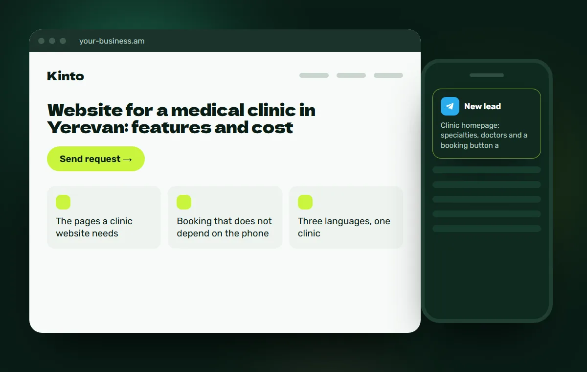 Website mockup: Clinic homepage: specialties, doctors and a booking button above the fold