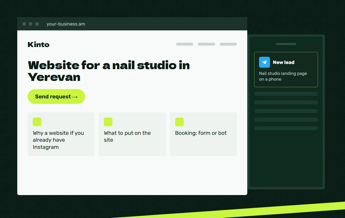 Website mockup: Nail studio landing page on a phone
