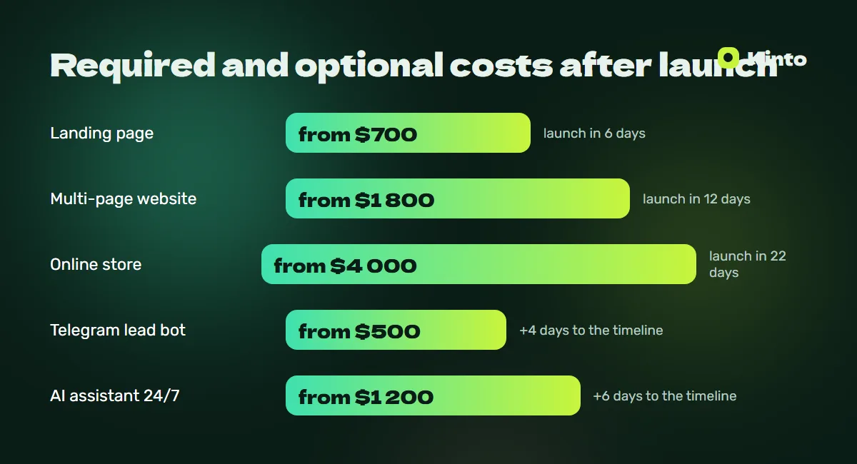 Price and timeline infographic: Required and optional costs after launch