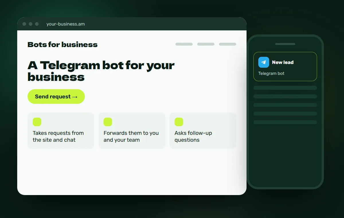Website mockup: Telegram bot