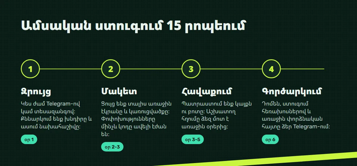 Աշխատանքի փուլեր․ զրույց, մակետ, հավաքում, գործարկում