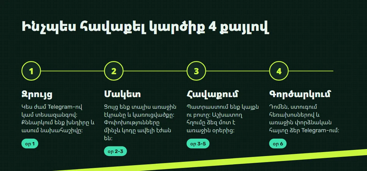 Աշխատանքի փուլեր․ զրույց, մակետ, հավաքում, գործարկում