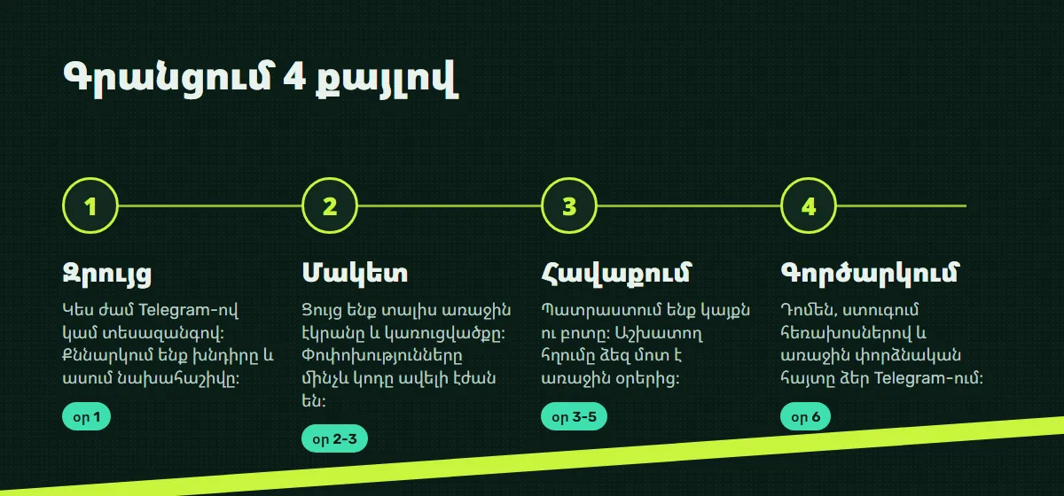 Աշխատանքի փուլեր․ զրույց, մակետ, հավաքում, գործարկում