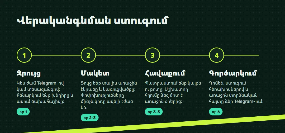 Աշխատանքի փուլեր․ զրույց, մակետ, հավաքում, գործարկում
