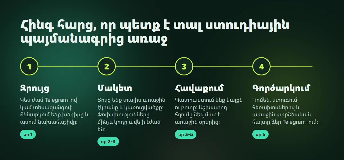 Աշխատանքի փուլեր․ զրույց, մակետ, հավաքում, գործարկում