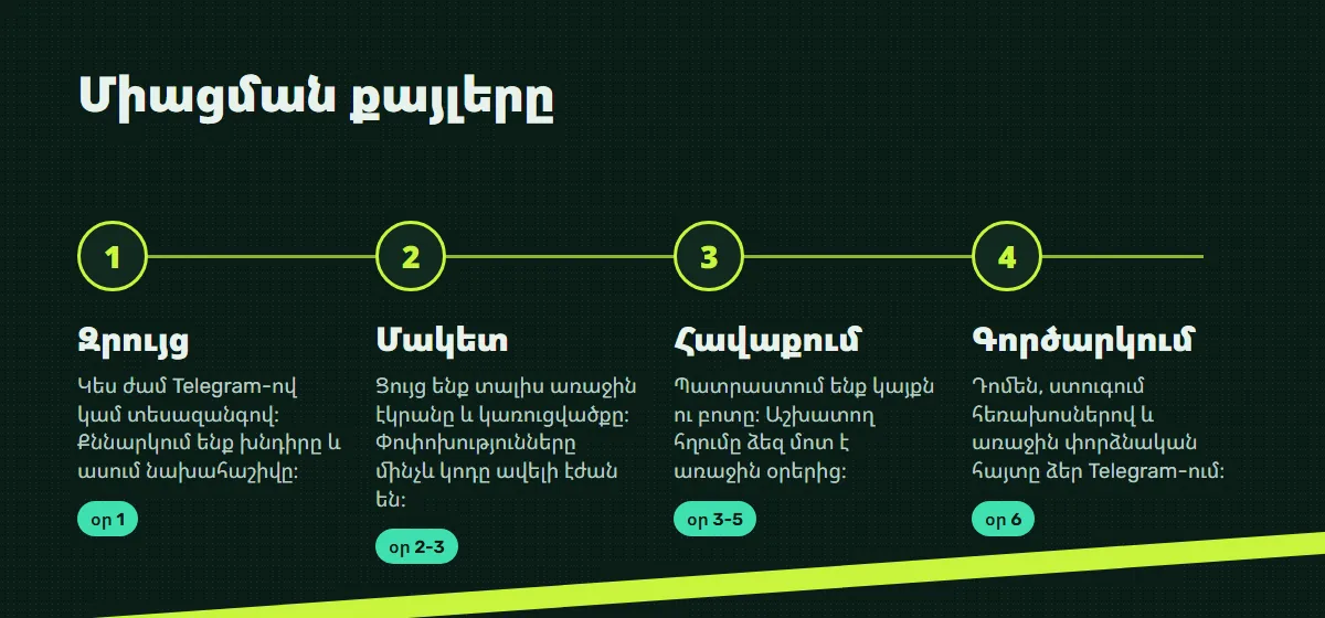 Աշխատանքի փուլեր․ զրույց, մակետ, հավաքում, գործարկում