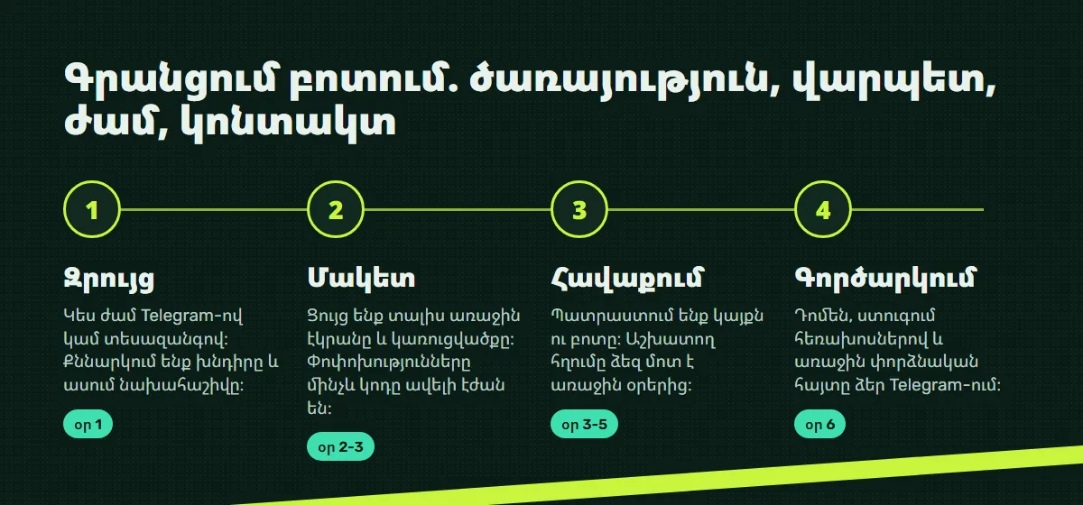 Աշխատանքի փուլեր․ զրույց, մակետ, հավաքում, գործարկում