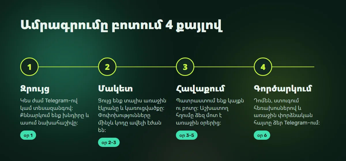 Աշխատանքի փուլեր․ զրույց, մակետ, հավաքում, գործարկում