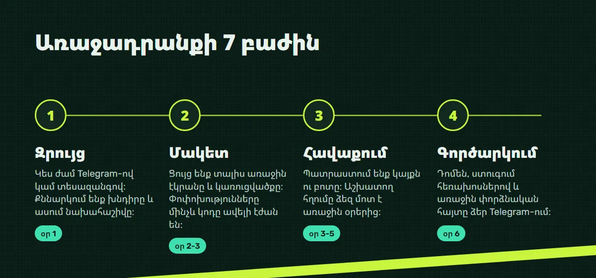 Աշխատանքի փուլեր․ զրույց, մակետ, հավաքում, գործարկում