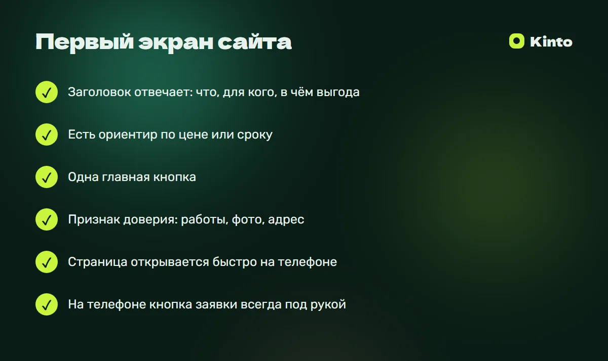 Главное из статьи: Первый экран сайта