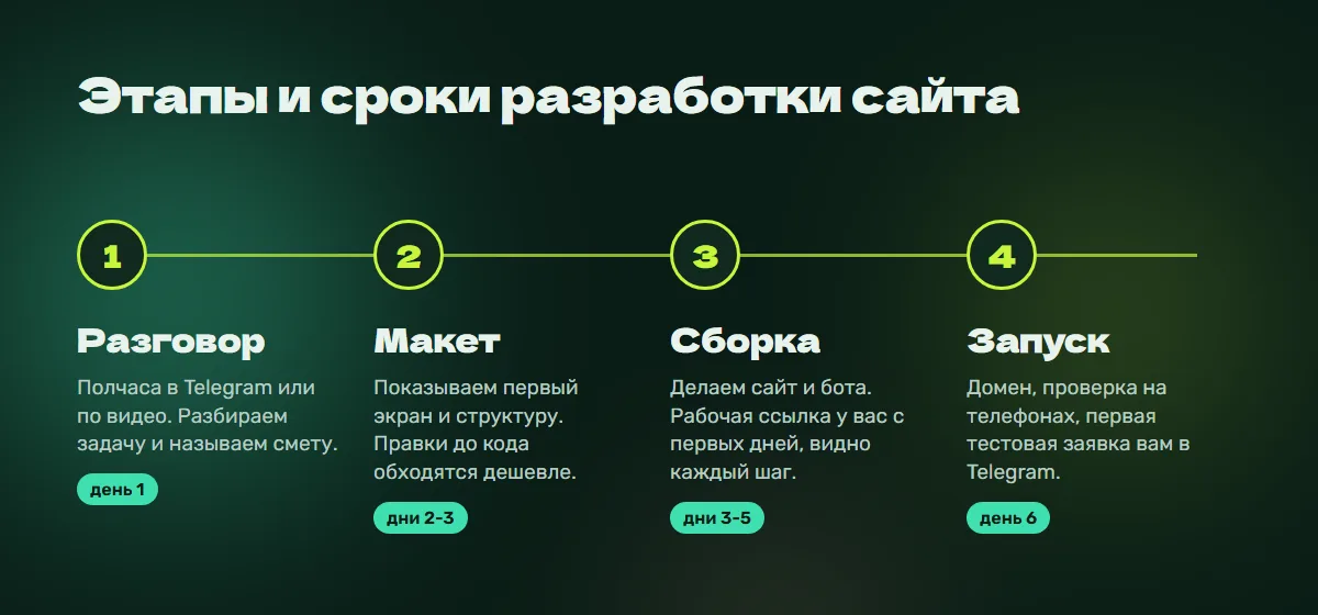Этапы работы: разговор, макет, сборка, запуск