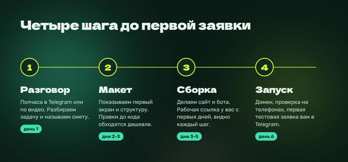 Этапы работы: разговор, макет, сборка, запуск