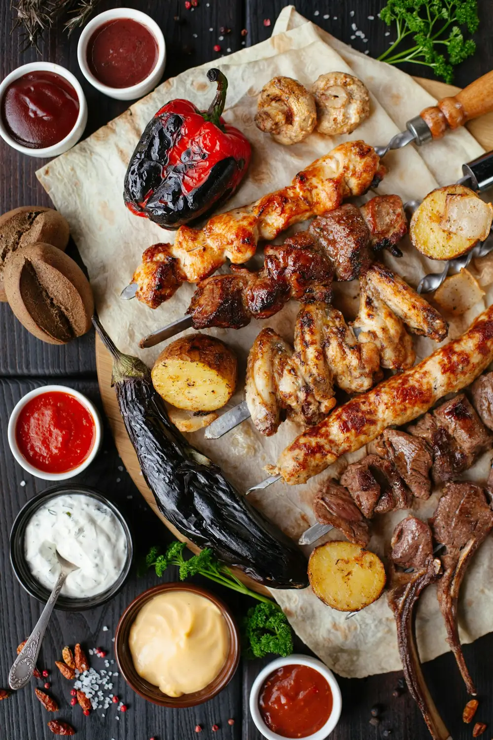 Ассорти хоровац с овощами и соусами на лаваше